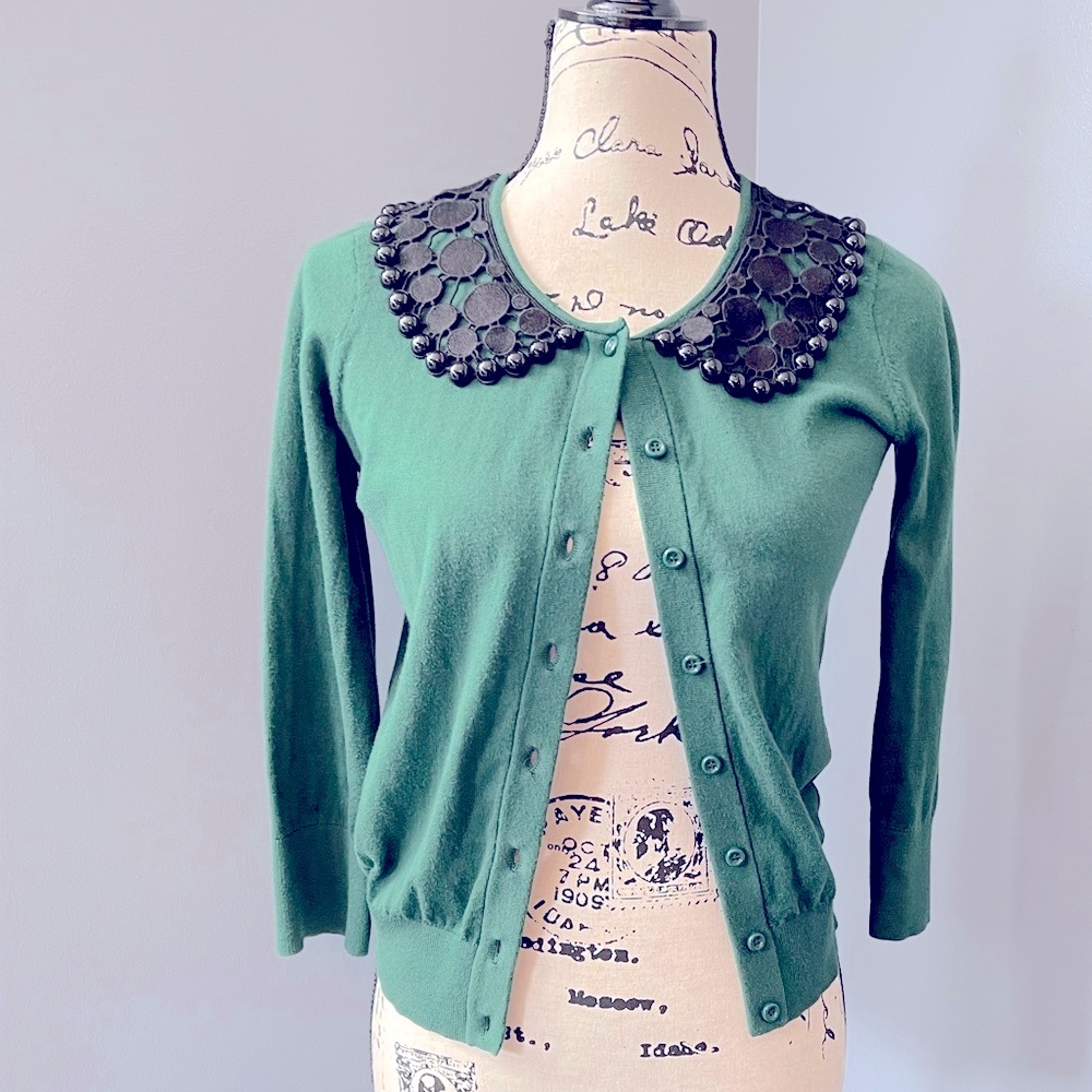 Kate Spade Green with Lace and Black Bead Embellished Cardigan XS
